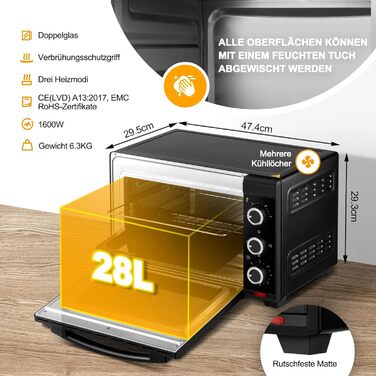 Міні-піч WOLTU 28 л, піч для піци 1600 Вт, регулювання температури 100-230 °C, таймер 0-60 хв, 3 режими нагріву, з деко, решіткою для гриля, підсвічуванням, для випікання, запікання, розморожування, підігріву, чорний
