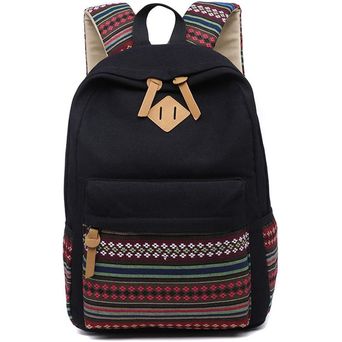 Жіночий/Дівчачий Рюкзак у Стилі Vintage з Смугами. Чорний рюкзак для підлітка, дівчини, студентки. З канвасу.