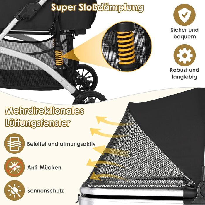 Візок для собак Mamizо 3-в-1: візок, переноска, сумка. До 20 кг, поворотні колеса, кошик, тримач для напоїв, для собак та котів (сріблястий, чорний)