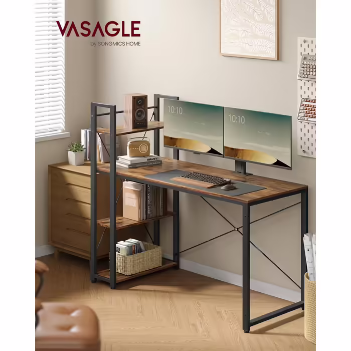 VASAGLE Desk, Computer Table with Shelves on the Right or Left, 137.2 cm Wide Office Desk, for Study Room, Home Office, Easy Assembly, Vintage Brown-Black LWD049B01