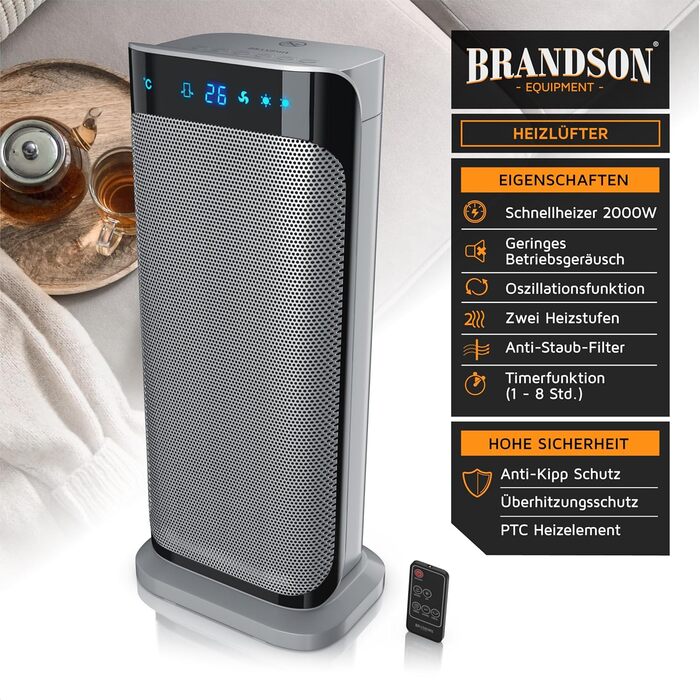 Керамічний обігрівач Brandson 2000 Вт з дистанційним керуванням, енергоощадний, тихий, для ванної, з осциляцією, срібний, сертифікат GS, переможець 2024