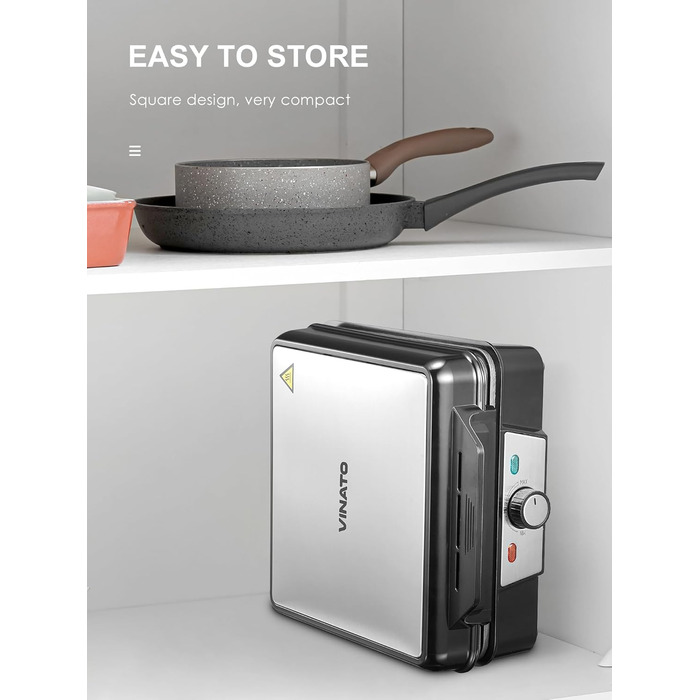 Вафельниця VINATO для приготування 4 бельгійських вафель, 1200 Вт, антипригарне покриття, регулювання температури, чорний колір