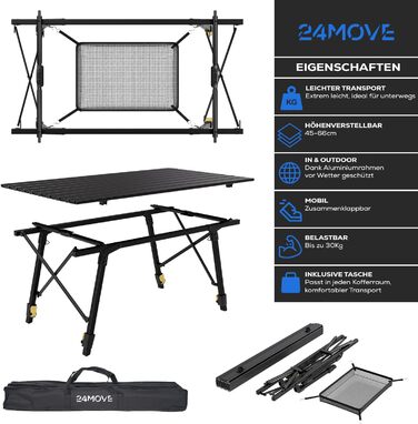 Стол для кемпінгу 24MOVE®: розкладний, з алюмінієвим каркасом, регульована висота, до 30 кг, з сумкою
