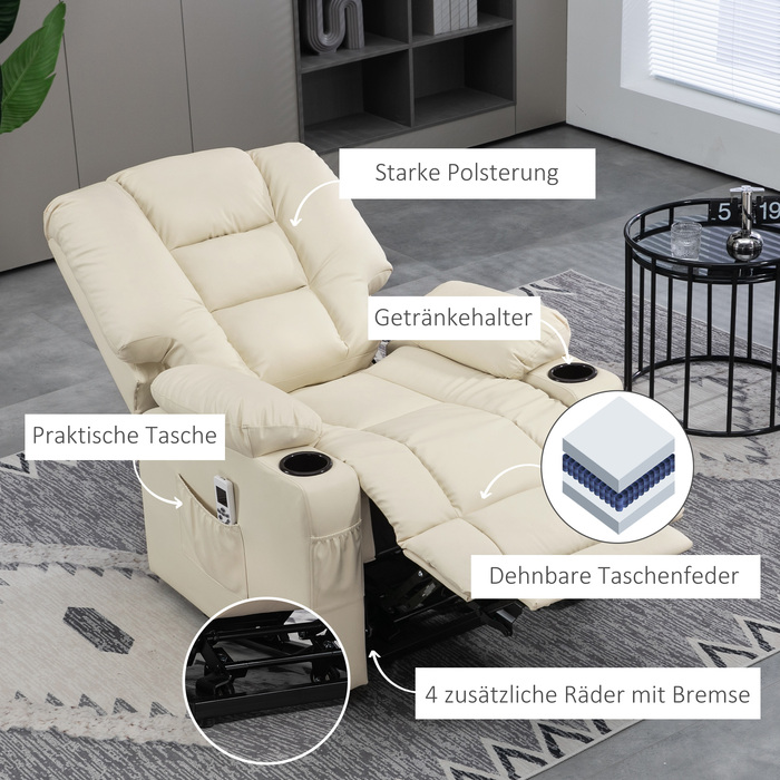 HOMCOM Electric Recliner with Lift Assist, USB Massage Chair with Remote Control, Wheels & Cup Holder in Cream