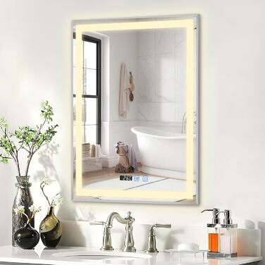 Дзеркало для ванної кімнати YU YUSING з підсвічуванням 60x80 см, антизапітніння, 3 кольори світла, регулювання яскравості, LED, годинник, IP44, металевий каркас, вертикальне, срібне