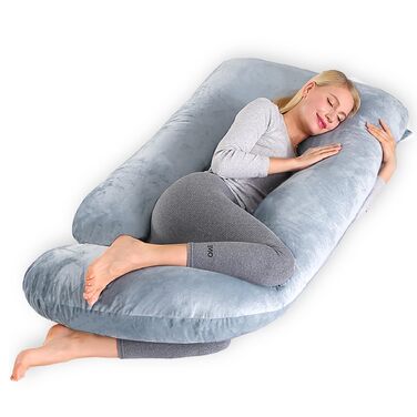 Подушка для вагітних CALIYO J-подібної форми, XXL, для сну на боці, з бавовняною підкладкою (180x70 см, блакитно-сіра)