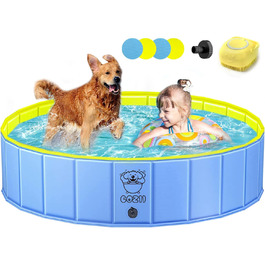 COZII Dog Pool, 160 x 30cm Dog Pool for Large and Small Dogs, Foldable Dog Bathtub, Splash Pool for Children, Portable Dog Pool with Non-Slip PVC and Bath Brush