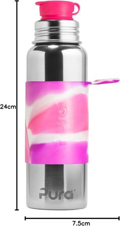 Pura Sport vacuum-insulated 650 ml stainless steel water bottle with silicone sport flip-top lid and sleeve (plastic-free, non-toxic certified, BPA-free) (Pink Swirl)