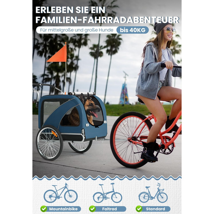 SEPNINE® Причіп для собак XL 2-в-1: велосипедний та візок для собак з відбивачами та гальмом, 600D Oxford Canvas, вантажопідйомність до 40 кг - Оранжевий (Синій)