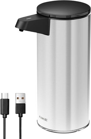 AIKE Automatic Soap Dispenser Stainless Steel with Sensor Infrared, 280ml Touchless Automatic Soap Dispenser USB Rechargeable