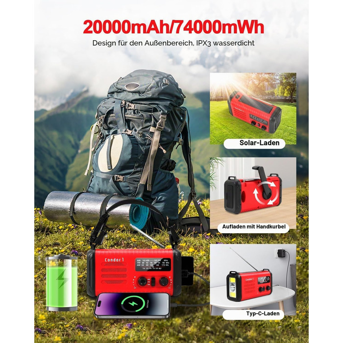Радіо Kurbelradio 20000mAh сонячне з ручним заводом, AM/FM, SOS, LED-ліхтарик, USB зарядка для телефону, аварійне радіо при відключенні електроенергії (Червоне)