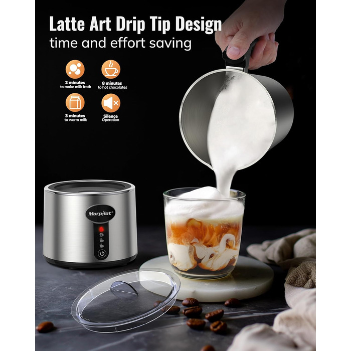 Електричний піноутворювач для молока Morpilot, 500 мл, 650 Вт, нержавіюча сталь, миється в посудомийній машині, для гарячого та холодного молока, шоколаду, антипригарне покриття