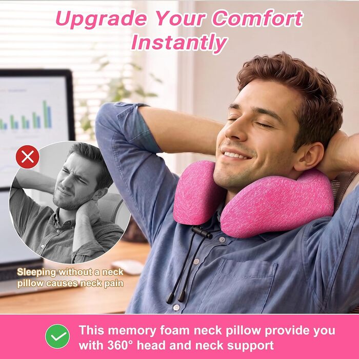 Подушка для подорожей Kobete з ефектом пам'яті (Memory Foam) для шиї, набір для сну в літаку, авто, поїзді: 3D-маска для сну, беруші та сумка (Рожевий)