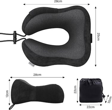 Подушка для шиї у подорожах: автомобільна, для літака, з memory foam та м'яким чохлом. Підходить для дорослих, офісу, дому та кемпінгу (Чорний)