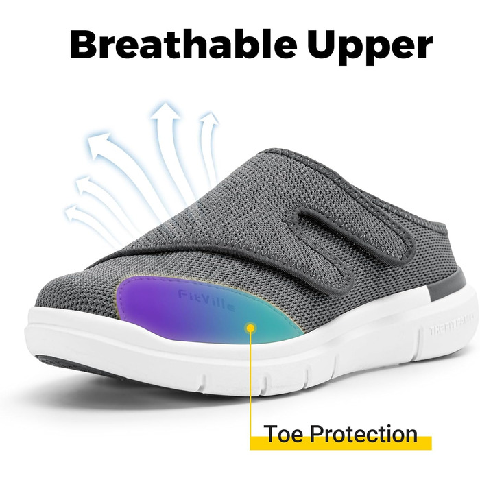 Домашні тапочки FitVille для чоловіків, широкі з кріпленням на липучці, реабілітаційне взуття (48 EU, сірий)