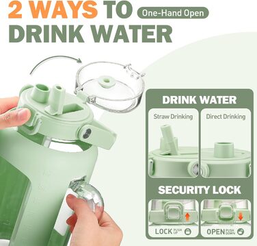2 Liter Glass Water Bottle with Handle, 2L Glass Pitcher with Straw and Lid, Motivational Sports Water Jug with Time and Volume Markings, Leak-Proof, Light Green
