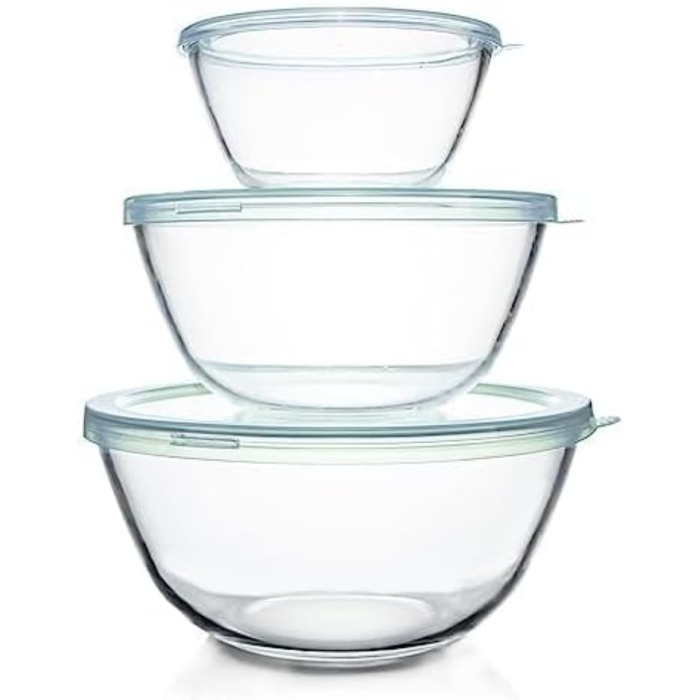 Luvan Glas Mixing Bowls with Lids 3-Piece Set (4.2 L, 2.5 L, 1 L), Large Round Salad Bowls for the Kitchen, ideal for Storing Food, Cooking, Baking, Preparing, Dishwasher Safe