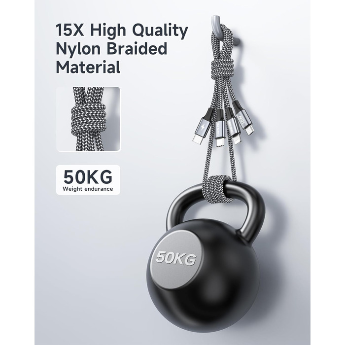 Кабель RAVIAD 100W USB-C на 3 USB (USBC, Micro, Lightning) 2м, сірий. Швидка зарядка для iPhone, Galaxy, MacBook