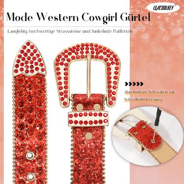 LEACOOLKEY Ремінь зі стразами для чоловіків та жінок, стильний вестерн ковбойський ремінь з пряжками, блискучий пояс для джинсів, штанів, суконь. Розмір S: 73-82 см (загальна довжина 105 см)
