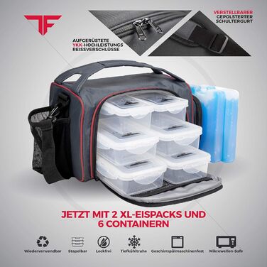 Ізольована ланчбокс з 6 контейнерами для їжі – BPA-Free, багаторазовий, підходить для мікрохвильової печі та морозильника – ланч-сумка з шейкером, органайзером для пігулок, плечовим ремінцем та охолоджувальними акумуляторами – сумка-холодильник червона