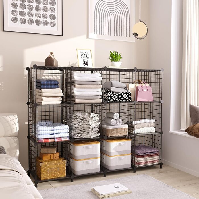 AWTATOS Regal 12 Regal Wire Cube Stackable Shelf Cube DIY Metal Grid Shelf Cube Bookshelf Cube Shelf With Doors For Living Room, Bedroom, Bathroom Black USCIH12BE