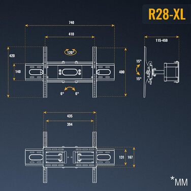 Настінне кріплення для телевізора RICOO R28-XL поворотне, нахильне 40-65 дюймів, до 75 кг, VESA 600x400 мм, універсальне для LED/LCD/OLED