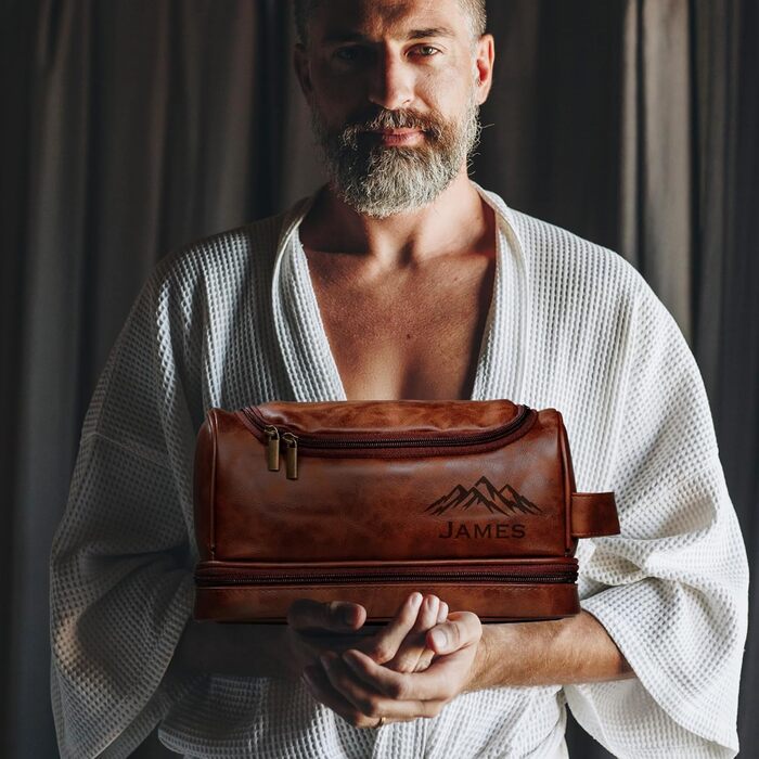 Чоловіча косметичка Easycosy з лазерним гравіюванням імені, з можливістю підвішування, з натуральної шкіри, червоно-коричневого кольору, двошарова