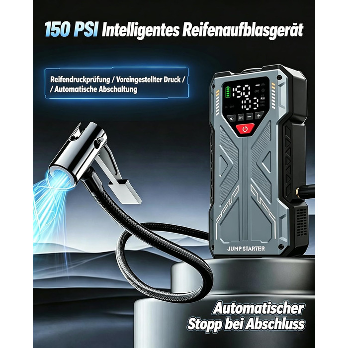 Пусковий пристрій (бустер) для авто Starthilfe 8000A з компресором 150PSI, портативний Powerbank 12V для бензинових та дизельних двигунів до 10л, LED-дисплей, сірий