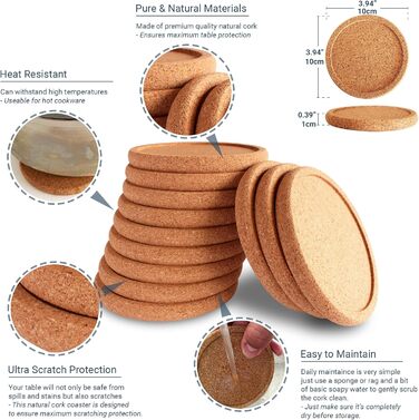 BARVIVO Cork Coasters for Drinks + Holder, 12 Pieces, ideal coasters for wooden tables, stain and scratch protection, rustic coaster set, suitable for all sizes of glasses.