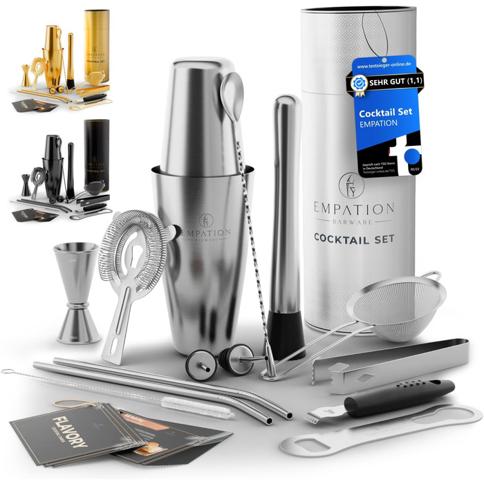 Набір для коктейлів EMPATION: 8 предметів, Boston Shaker 825мл, нержавіюча сталь, для початківців та професіоналів, сріблястий, преміум подарунок