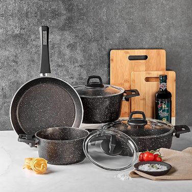 Набір кухонного посуду Karaca Biogranit, 7 предметів, чорний/золотий, з антипригарним покриттям, для індукційних плит, граніт