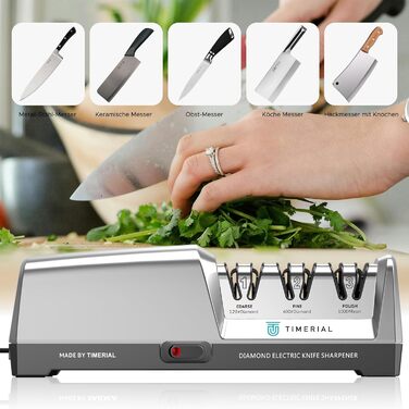 Електричний точило для ножів TIMERIAL з алмазними дисками 3-х ступенів, 15° кут, для сталевих кухонних ножів, 120/600/1000 grit