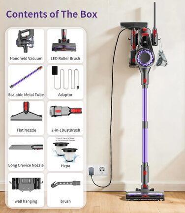 Бездротовий акумуляторний пилосос 450W, 40KPa, без мішка з HEPA-фільтром та LED-дисплеєм, антизаплутана щітка, самостійна підставка з кріпленням на стіну, час роботи 50 хв, для килимів, твердих підлог, шерсті тварин та авто