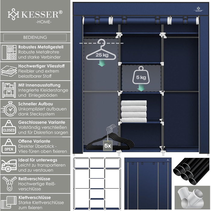 KESSER® Wardrobe Clothes Closet Stable with Clothes Rail & Shelves, Incl. 5x Clothes Hangers, Fabric Folding Closet for Bedroom, Dressing Room Wardrobe with Clothes Rack 150x45x175cm Navy Blue