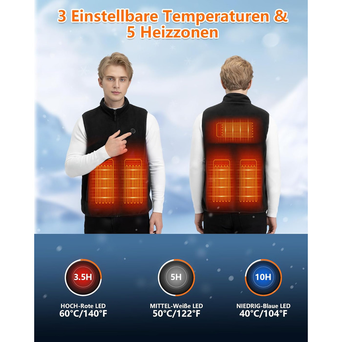 Обогревна жилетка з флісу для чоловіків з акумулятором 5V 10000mAh - жилетка з 3 рівнями нагріву, 5 зонами обігріву, ідеальна для роботи на відкритому повітрі, катання на лижах, піших прогулянок та щоденних поїздок. Чорний, XXL