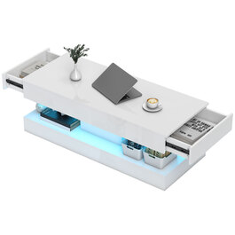 HOMCOM Living Room Coffee Table with Drawers and LED Lights, Modern Sofa Table with Open Storage, Coffee Table, Particleboard, White