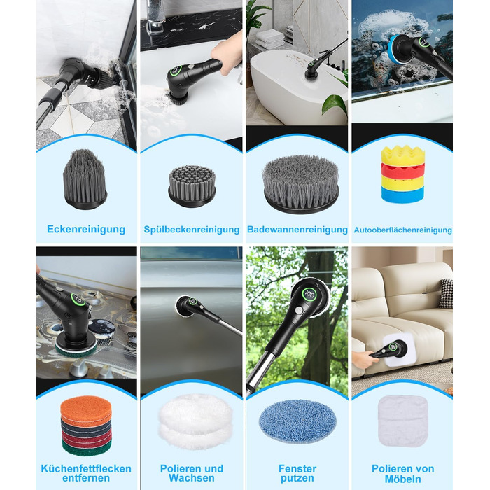 WADEO Electric Cleaning Brush, 17-in-1 Electric Cleaning Brush with Replaceable Brush Heads and Adjustable Handle, Electric Scrub Brush for Bathroom, Kitchen, Car, Tiles, Floor (Black)