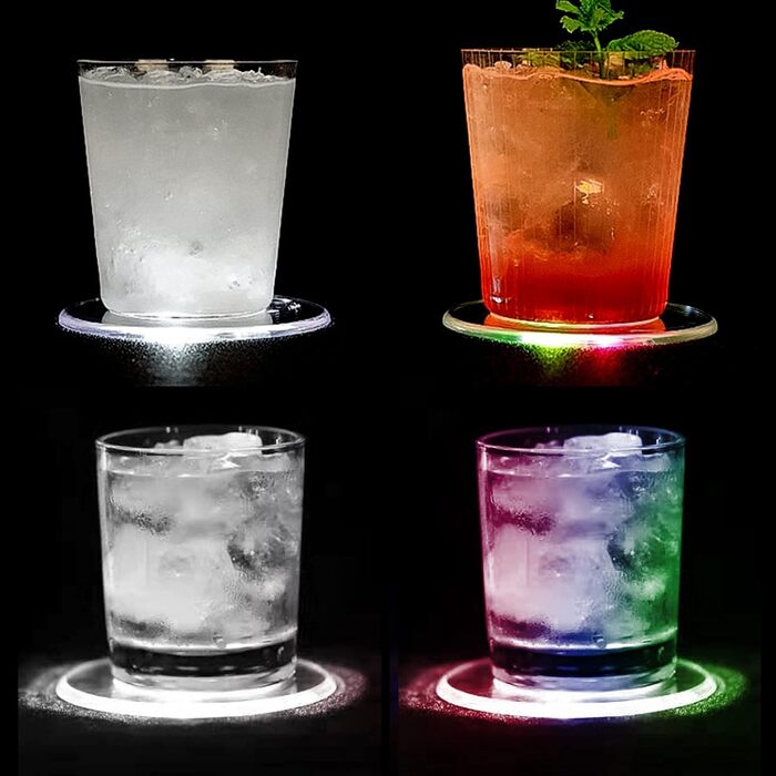 MEDOYOH 8-Piece Cool White LED Coasters - Glowing for Drinks, ON/Off Switch, Drink Coaster Set, Waterproof Acrylic Round Coasters for Glasses, Bottles, Parties, Weddings, Bar, Christmas, Pub