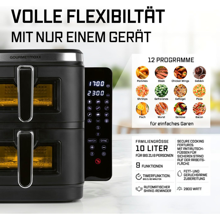 Фритюрниця повітряна GOURMETmaxx XXL з двома камерами, 10 л, з клавішами керування