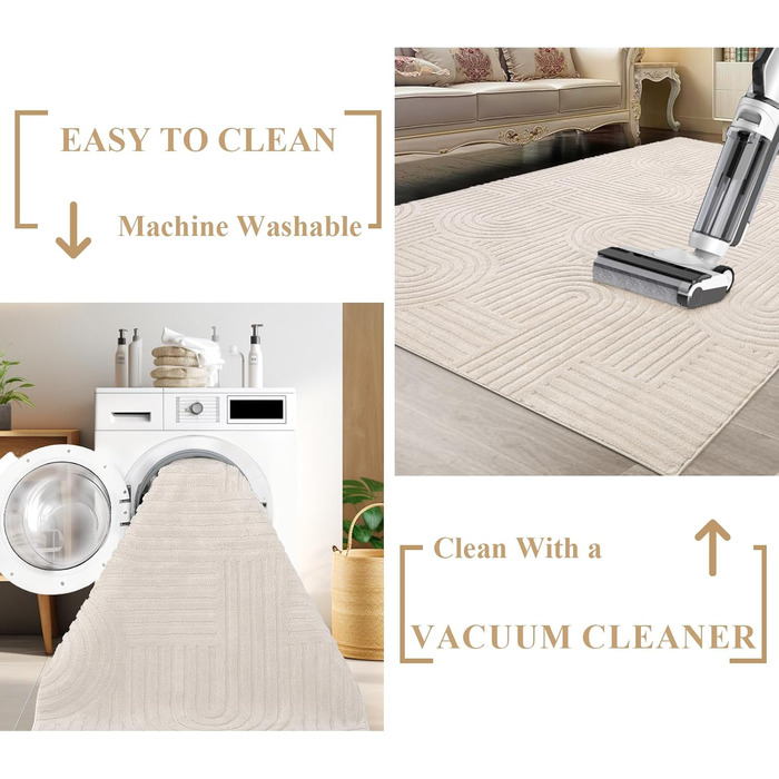 Килим для вітальні 160x230 см, великий пухнастий з коротким ворсом, миючий, сучасний, з 3D ефектом, неслизький, для їдальні, кухні, спальні, бежевий