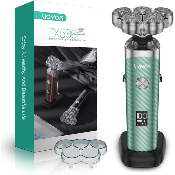 Електричний чоловічий верстат для гоління VOYOR TX500 (зелений) - 5D, мокрий/сухий, USB, LED дисплей, 150 хв роботи