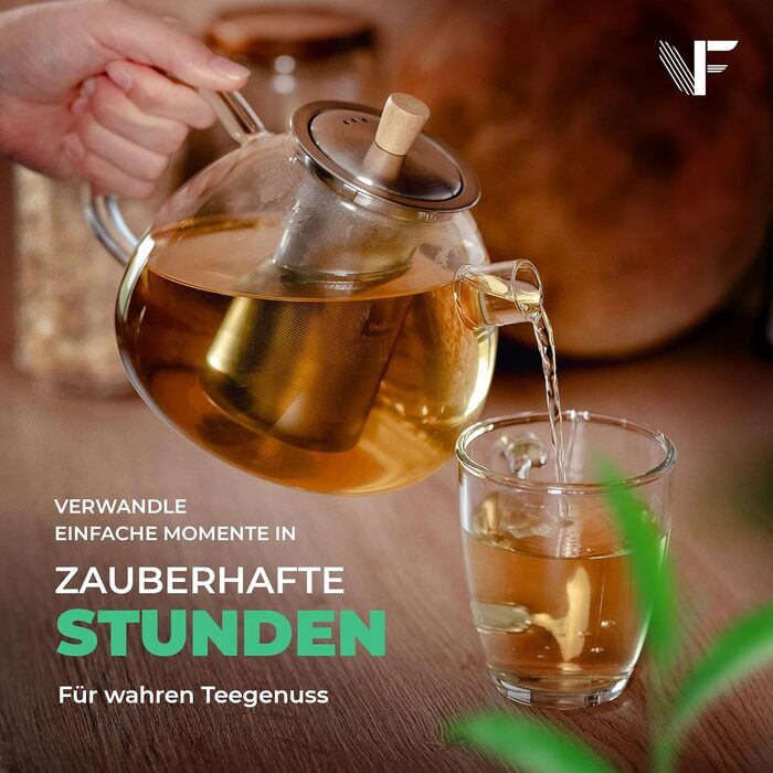 Neighbour's Friend® 1.5 L Glass Teapot for Loose Leaf Tea & Tea Bags - Teapot with Infuser Insert, Large, Drip-Free - 3-Piece Stainless Steel Infuser with Bamboo Lid Handle - Dishwasher-Safe Glass Teapot