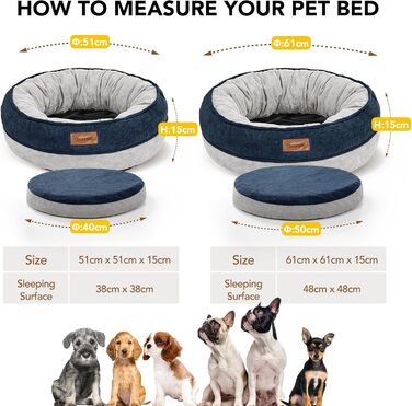М'яке кругле ліжко для собак та котів Deconovo, Donut, Ø 61 см, ортопедичне, Navy Blue