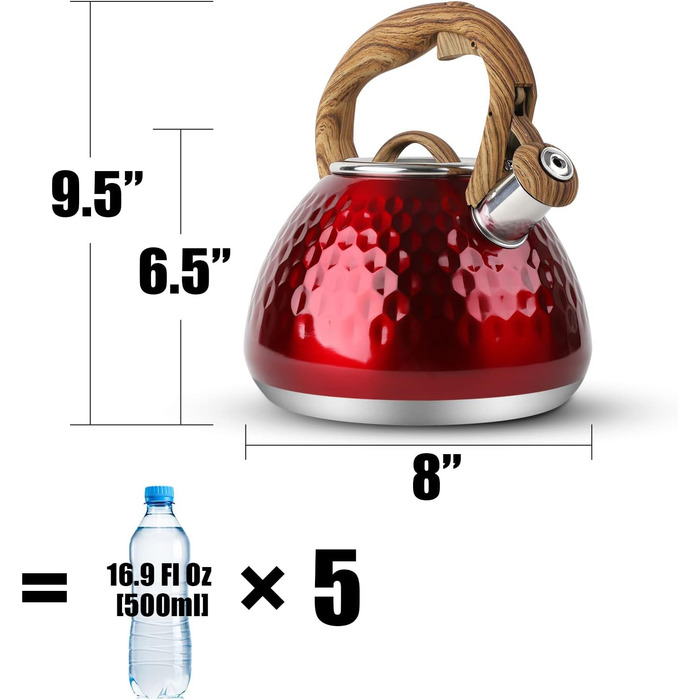 Чайник-свисток Toptier з дерев'яною ручкою, гучний свисток, нержавіюча сталь, чайник для плити, індукція, діамантовий дизайн, 2.7 л, червоний