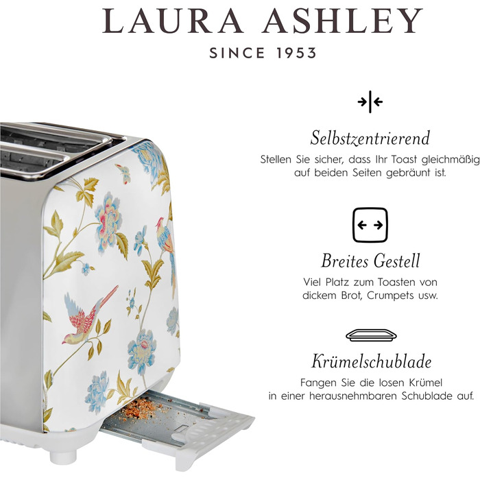 Тостер VQ Laura Ashley з 4-ма тостами, регулюванням нагріву, функціями розморожування та підігріву - модель Elveden White