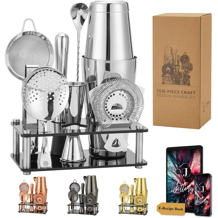 Boston Shaker Set – 10-Piece Stainless Steel Cocktail Shaker Set with Acrylic Base, Hawthorne Strainer, Ice Tongs, Bar Spoon, Jigger, Muddler – Perfect for the Home Bar (Silver)