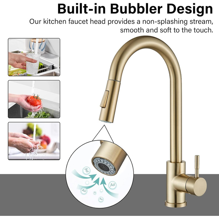 Знімна кухонна змішувач з 2 функціями, золото, 360° поворот, для кухонної мийки, однорідний змішувач, холодна та тепла вода, золотий матовий