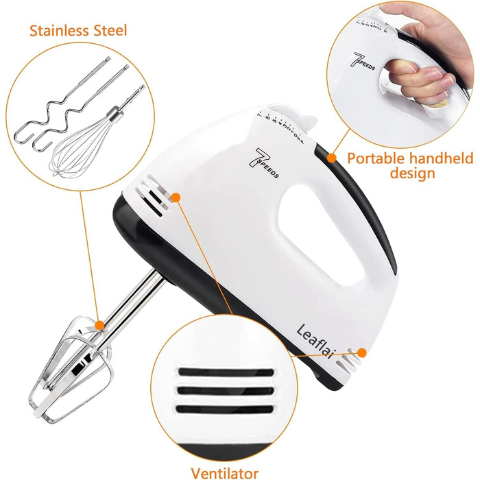 Ручний міксер з 7 швидкостями та набором з 5 насадок з нержавіючої сталі - для випічки, приготування тіста, кексів та тортів