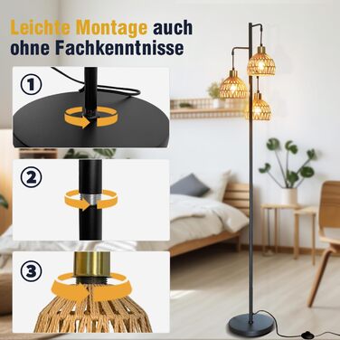 Стійка лампа ShineMuse Boho з ротангу, чорна, вінтаж, 170 см, 3 E27, LED, диммер, для вітальні