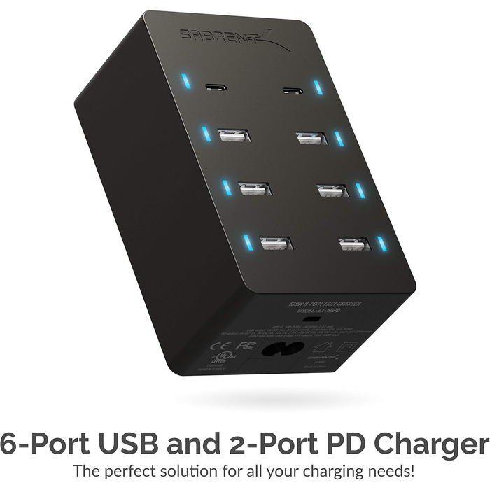 Зарядний пристрій Sabrent USB 60W 10 портів, станція швидкої зарядки з мережею для MacBook, USB-C ноутбуків, iPhone, Samsung Galaxy (AX-TPCS)